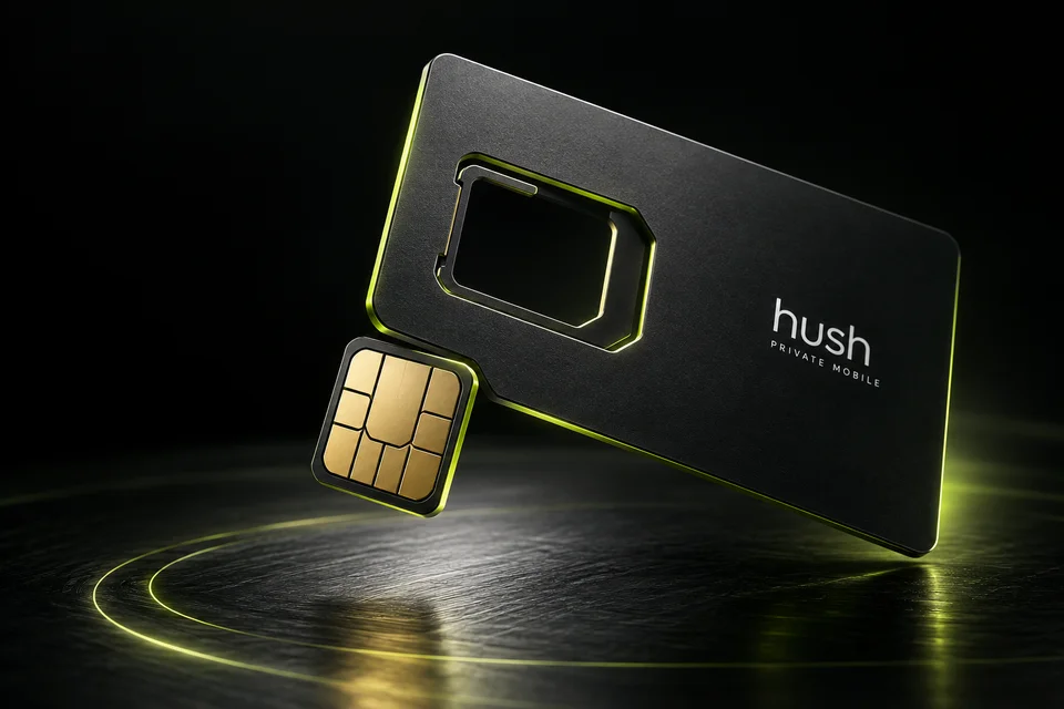 Illustrative HushSIMs graphite SIM carrier and gold nano-SIM with fine lime edge lighting.